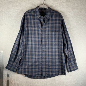 JoS. A. Bank Shirt Mens Large Blue Plaid 100% Cotton Back Pleated Button-Up 7134